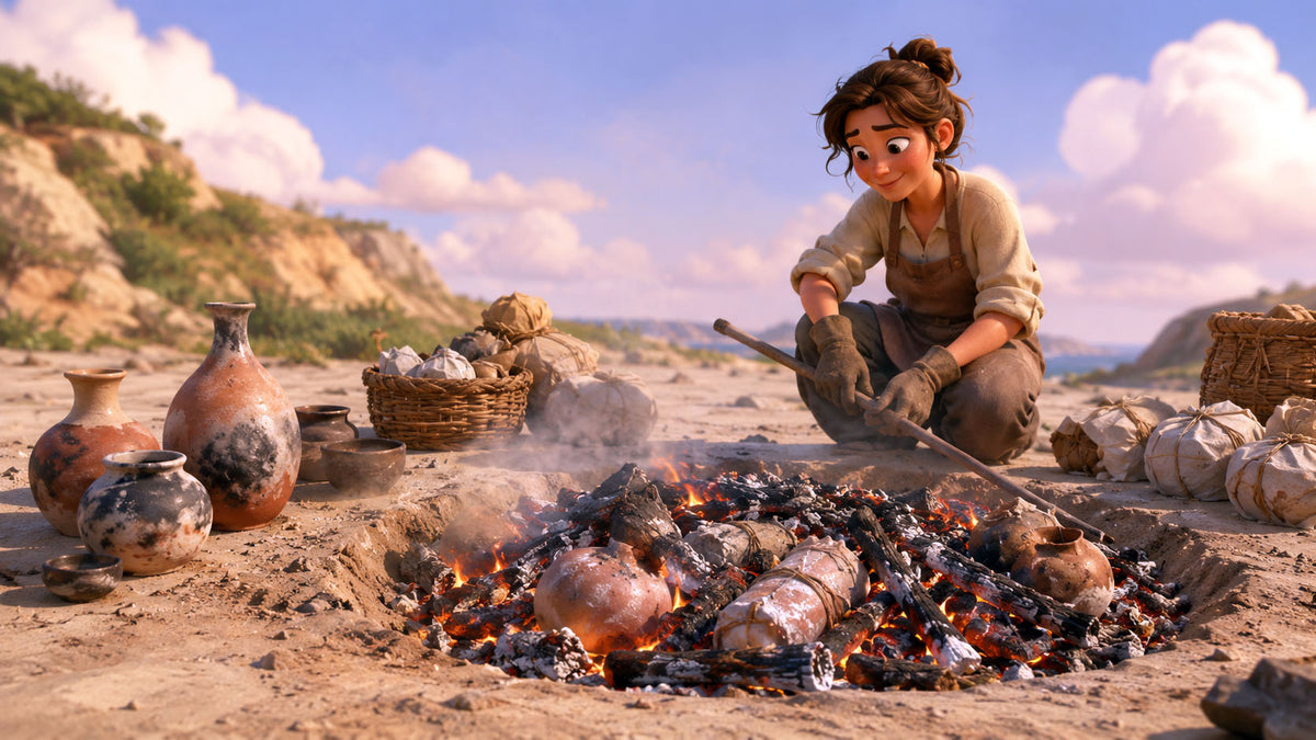 A potter crouches beside an open pit fire on a sandy shore, raking glowing coals around clay pots while finished blackened vessels and foil wrapped bundles sit waiting nearby