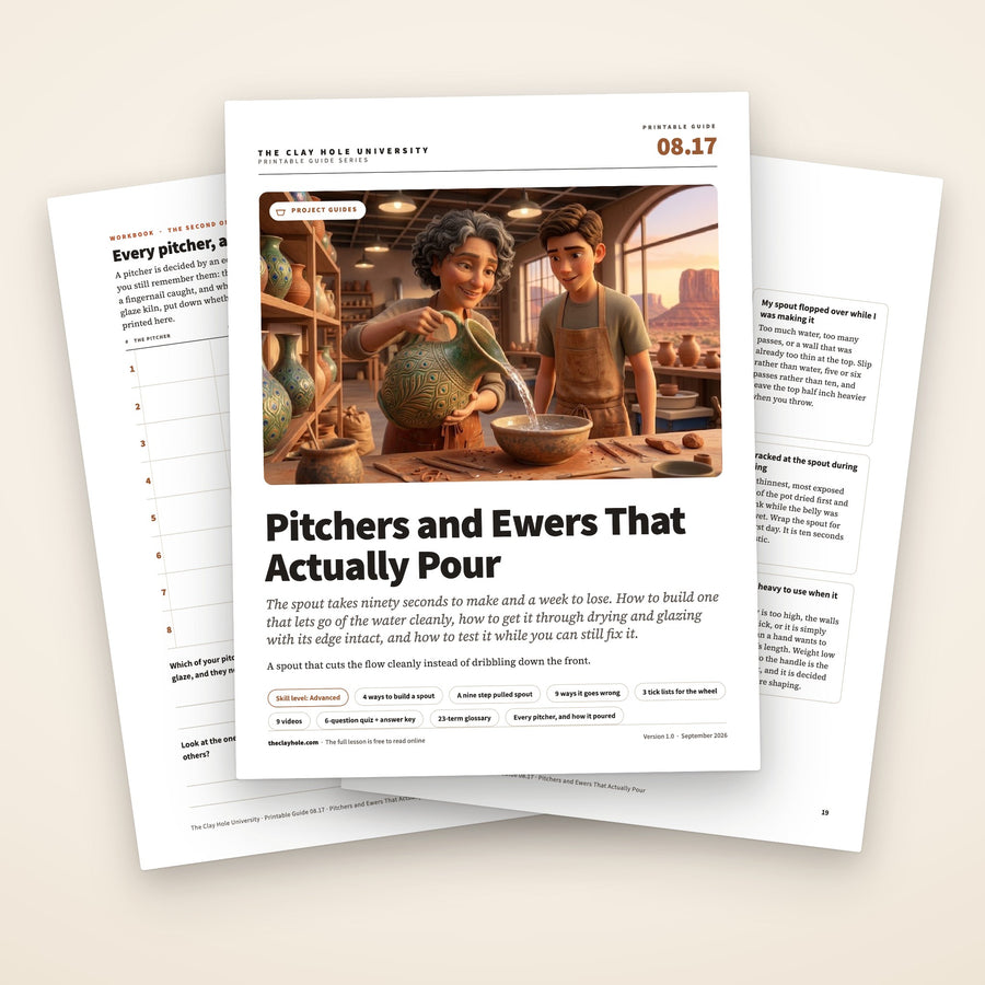 Pitchers and Ewers That Actually Pour printable guide: the cover, with the pitcher log and the nine ways it goes wrong page fanned behind it