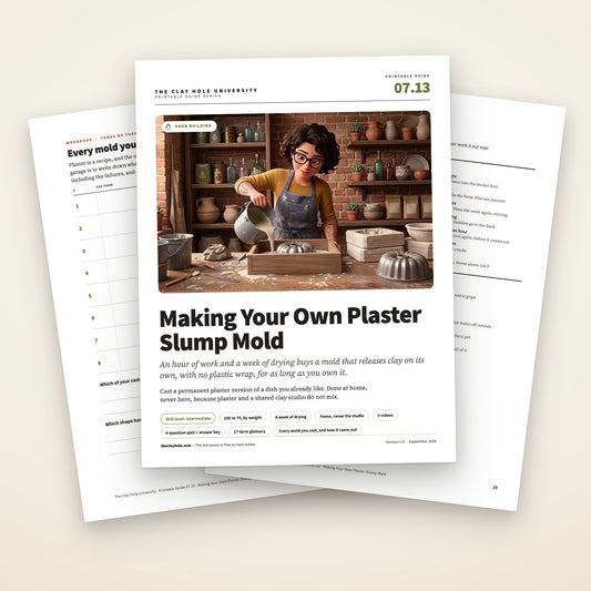 Making Your Own Plaster Slump Mold printable guide: the cover, with the casting log and the one page bench reference fanned behind it