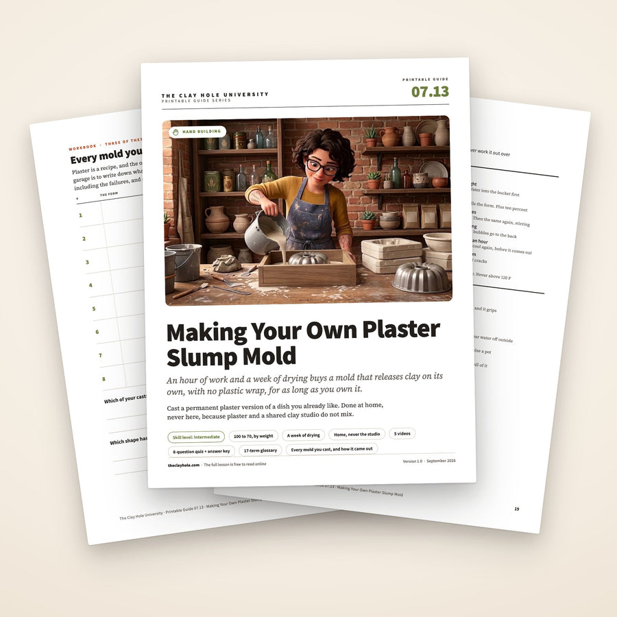Making Your Own Plaster Slump Mold printable guide: the cover, with the casting log and the one page bench reference fanned behind it
