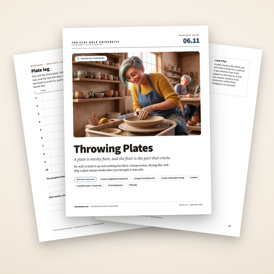 Throwing Plates printable pottery guide: the cover, with the plate log and troubleshooting pages fanned behind it