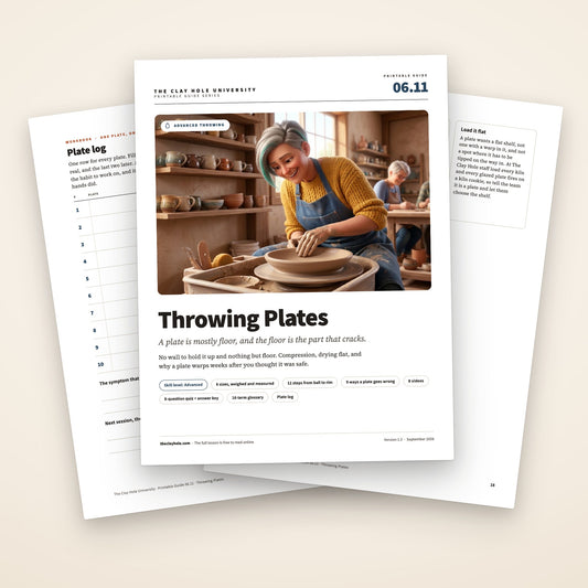 Throwing Plates printable pottery guide: the cover, with the plate log and troubleshooting pages fanned behind it