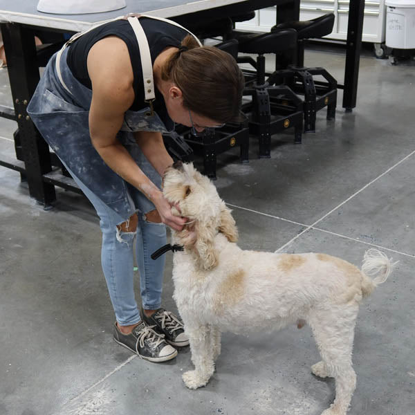 A Clay Hole member in a clay covered apron bending down on the studio floor to hold Mud&rsquo;s face in both hands and say hello to him