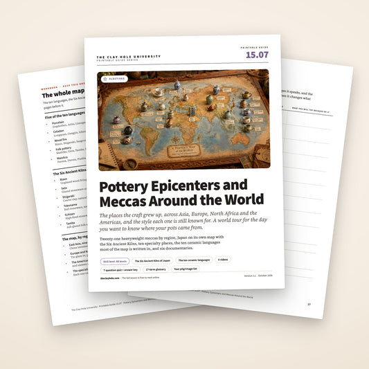 Pottery Epicenters and Meccas Around the World printable guide: the cover, with the one page map and the pilgrimage list fanned behind it