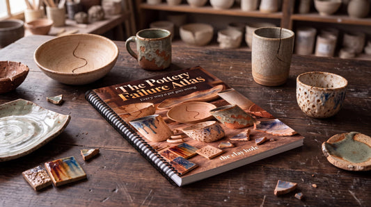 The Pottery Failure Atlas, a spiral bound full color book from The Clay Hole, on a studio table among cracked, crazed and crawled pots