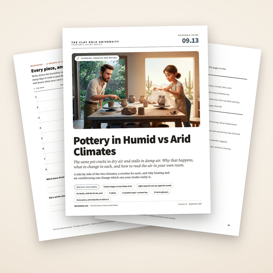 Pottery in Humid vs Arid Climates printable guide: the cover, with the practice log and the one page summary of both routines fanned behind it
