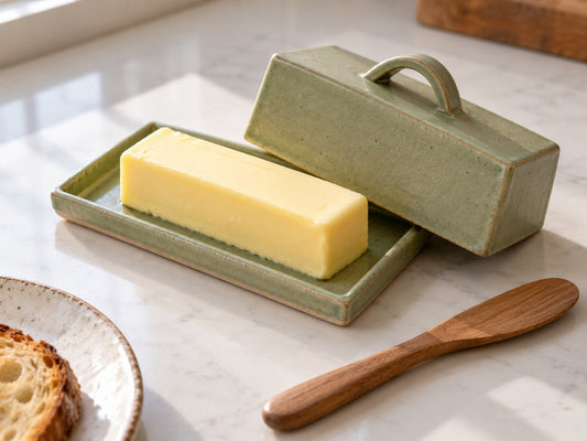 A sage green stoneware butter dish with the lid lifted to show the butter, made from The Clay Hole butter dish paper template