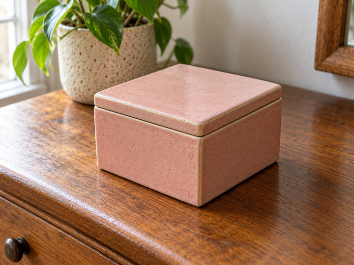 A small square pink stoneware keepsake box with a flat lid, made from The Clay Hole lidded box paper template