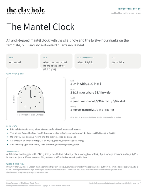 Cover page of The Mantel Clock, a printable pottery paper template from The Clay Hole in Draper, Utah