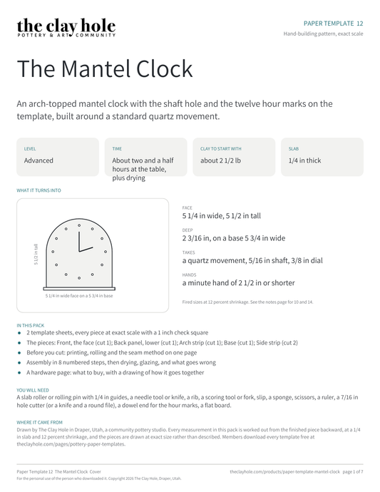 Cover page of The Mantel Clock, a printable pottery paper template from The Clay Hole in Draper, Utah