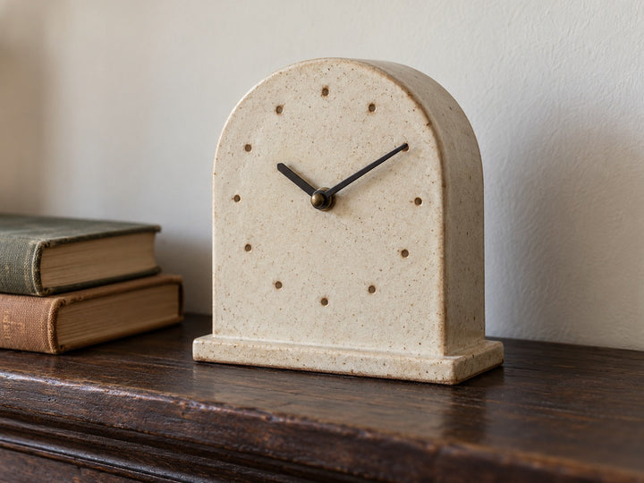 An arch-topped slab-built stoneware mantel clock in matte oatmeal glaze with twelve pressed hour dots, standing on a wooden mantel, made from The Clay Hole paper template
