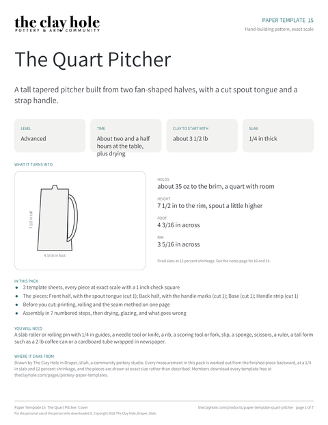 Cover page of The Quart Pitcher, a printable pottery paper template from The Clay Hole in Draper, Utah