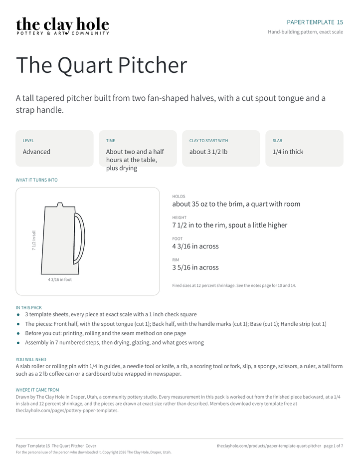 Cover page of The Quart Pitcher, a printable pottery paper template from The Clay Hole in Draper, Utah
