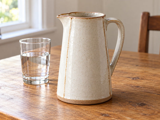 A tall tapered slab-built stoneware pitcher in glossy white glaze with a pinched spout and a strap handle, beside a glass of water, made from The Clay Hole paper template