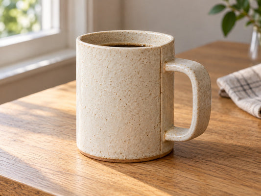 A straight-sided handmade stoneware slab mug with a strip handle, made from The Clay Hole paper template, on a wooden table