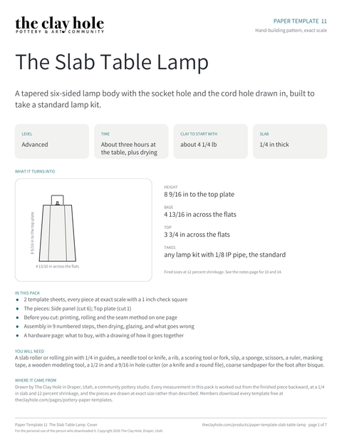 Cover page of The Slab Table Lamp, a printable pottery paper template from The Clay Hole in Draper, Utah