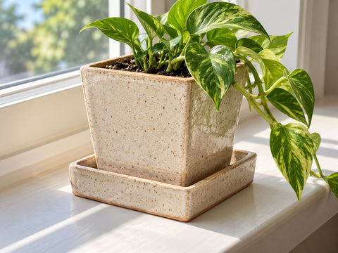 A tapered square speckled stoneware planter in its matching saucer with a pothos, made from The Clay Hole planter paper template