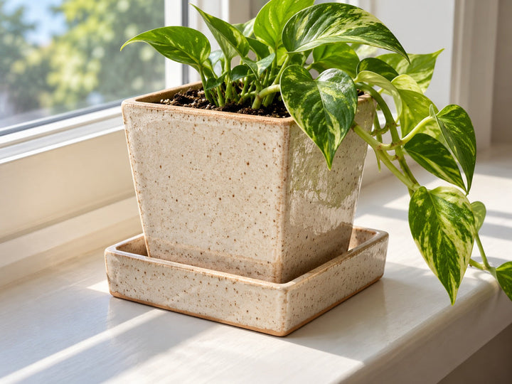 A tapered square speckled stoneware planter in its matching saucer with a pothos, made from The Clay Hole planter paper template