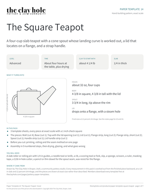 Cover page of The Square Teapot, a printable pottery paper template from The Clay Hole in Draper, Utah