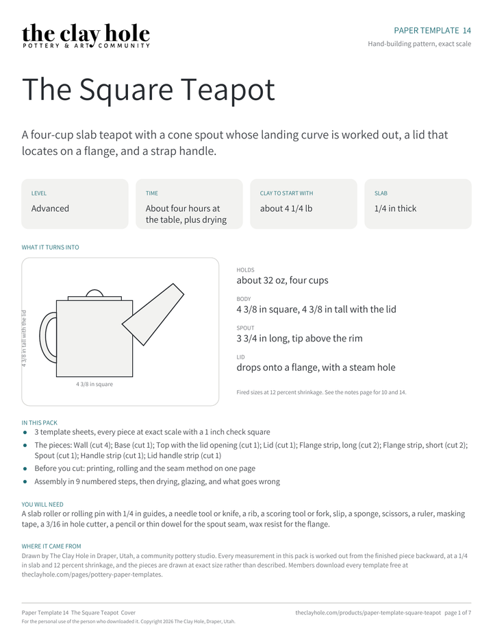 Cover page of The Square Teapot, a printable pottery paper template from The Clay Hole in Draper, Utah