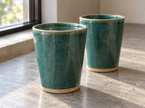 Two matching tapered stoneware tumblers in a teal glaze, made from The Clay Hole tapered tumbler paper template