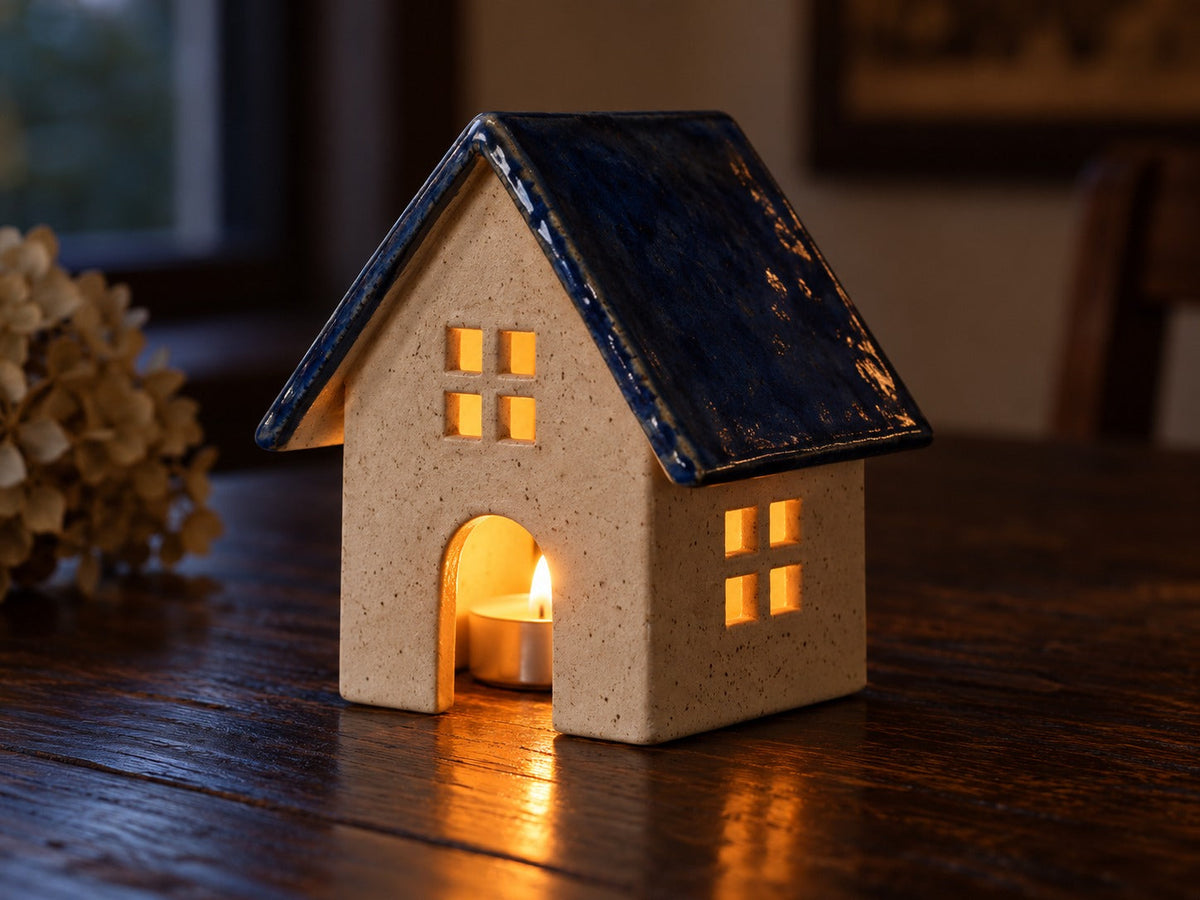 A small stoneware tealight house with a blue roof glowing from a candle inside, made from The Clay Hole tealight house paper template