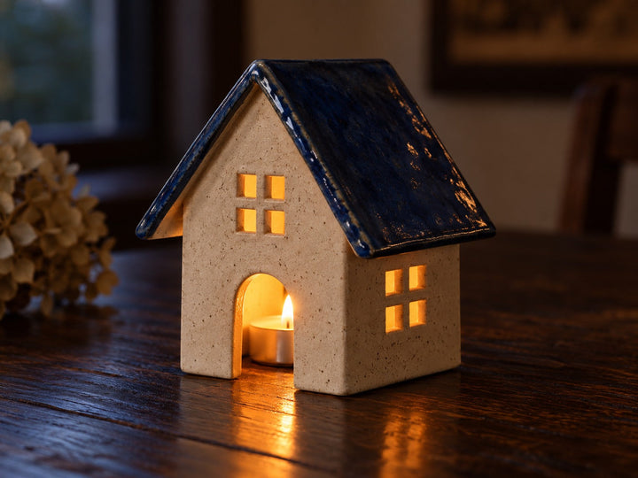 A small stoneware tealight house with a blue roof glowing from a candle inside, made from The Clay Hole tealight house paper template