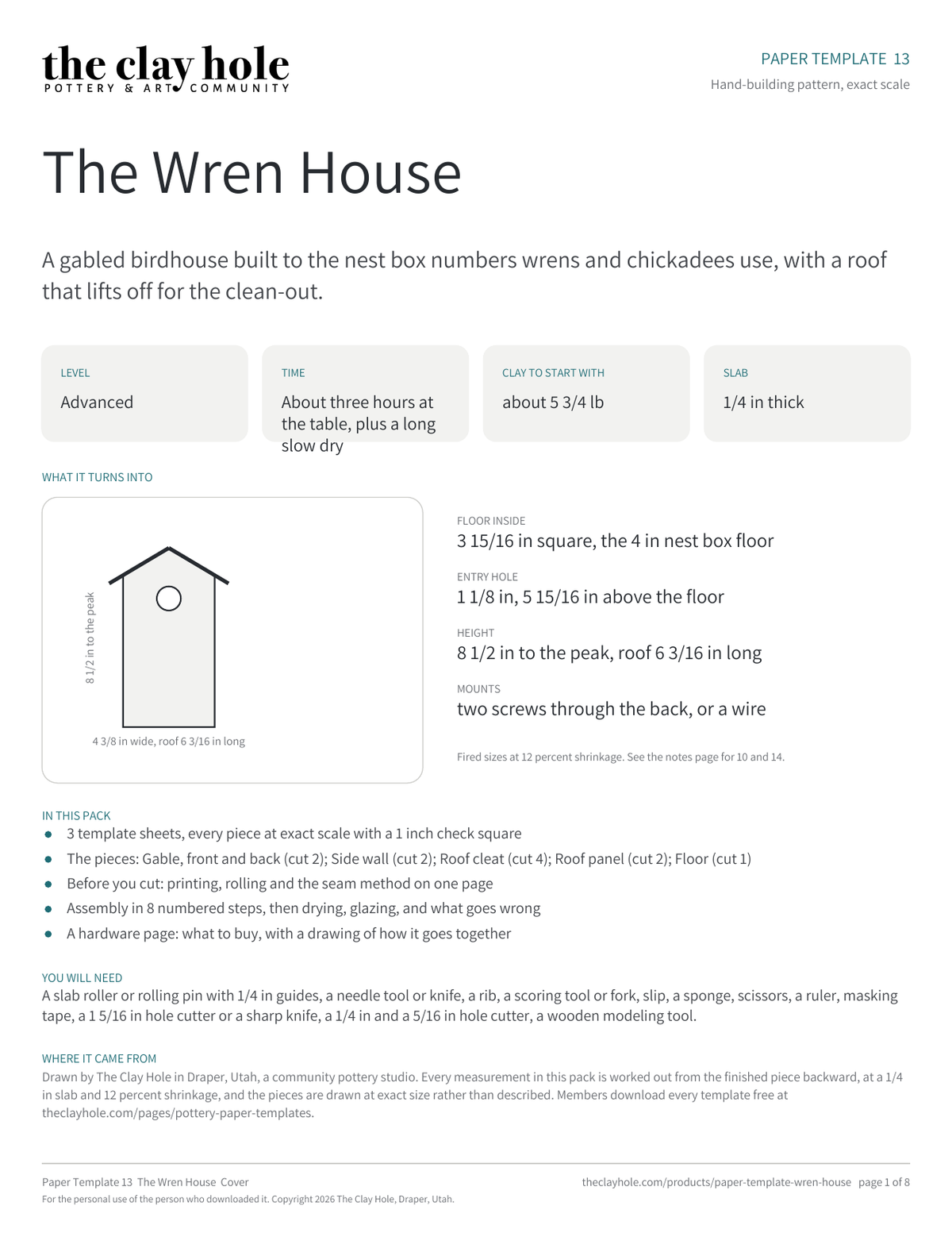 Cover page of The Wren House, a printable pottery paper template from The Clay Hole in Draper, Utah