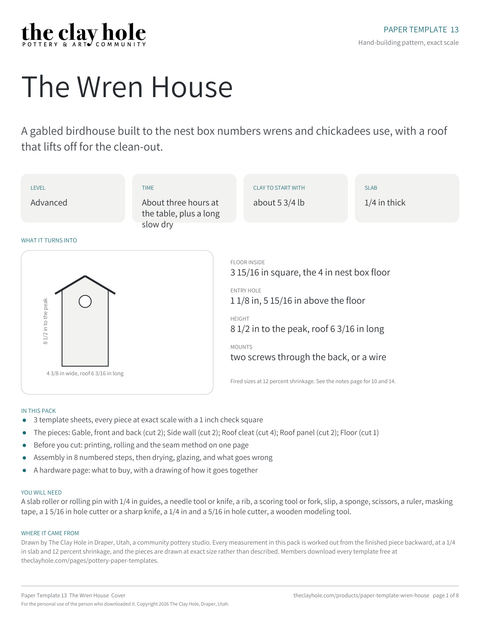 Cover page of The Wren House, a printable pottery paper template from The Clay Hole in Draper, Utah