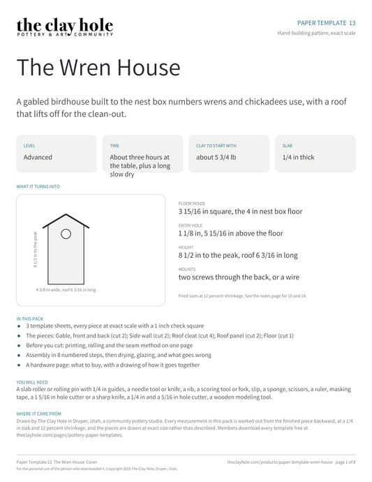 Cover page of The Wren House, a printable pottery paper template from The Clay Hole in Draper, Utah
