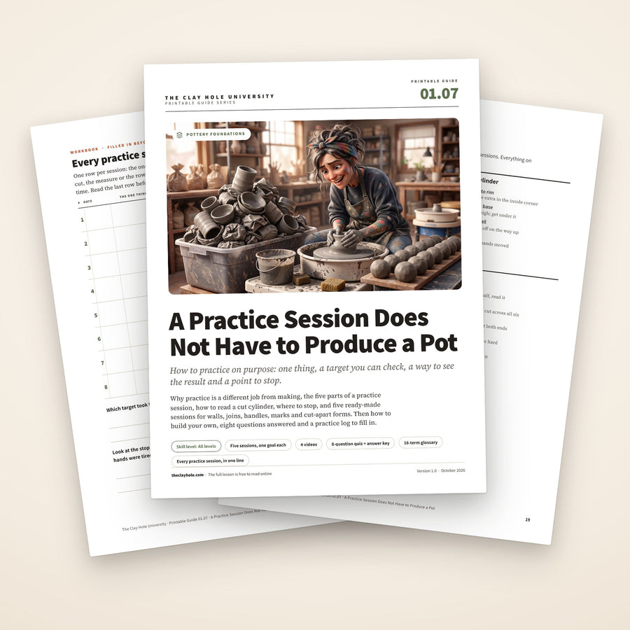 A Practice Session Does Not Have to Produce a Pot printable guide: the cover, with the practice log and the one page reference fanned behind it