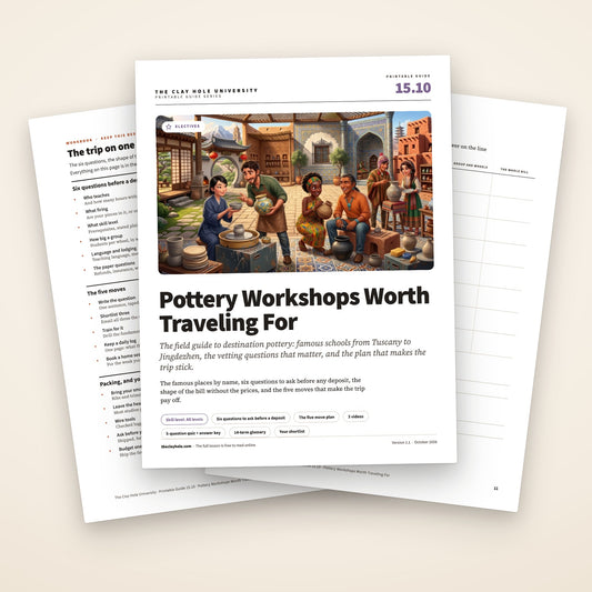 Pottery Workshops Worth Traveling For printable guide: the cover, with the one page trip sheet and the shortlist fanned behind it