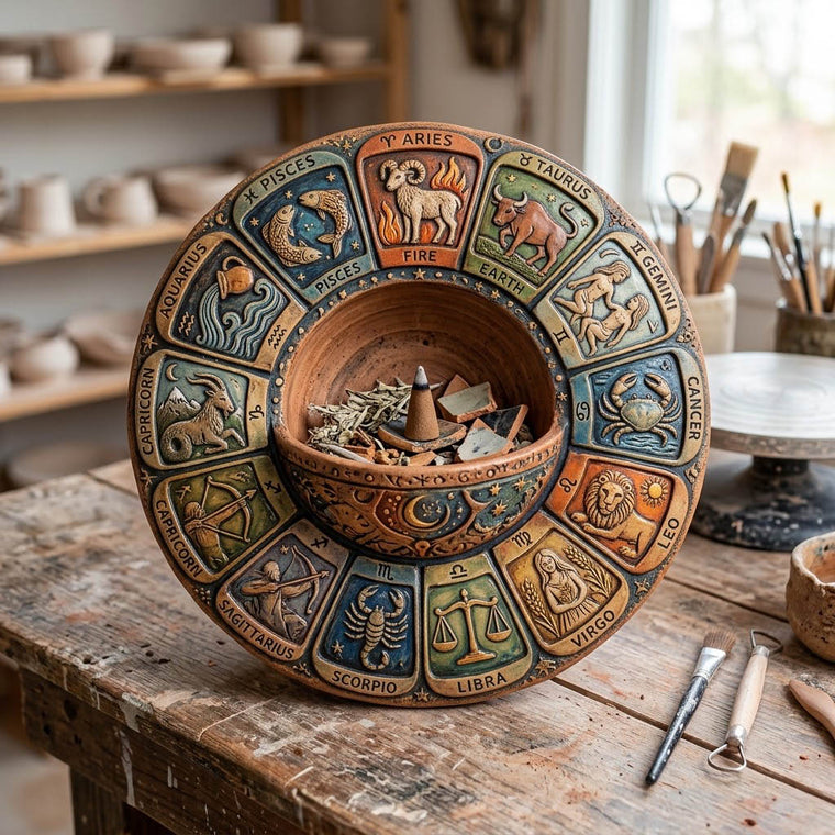 A hand-built ceramic zodiac wheel with all twelve signs carved into glazed panels, resting on a workbench in a pottery studio