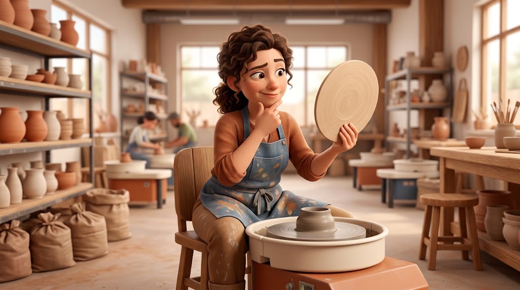 Illustration of a potter sitting at her wheel holding up a round throwing bat in one hand while a small pot spins on the bare wheel head in front of her, deciding which way to go