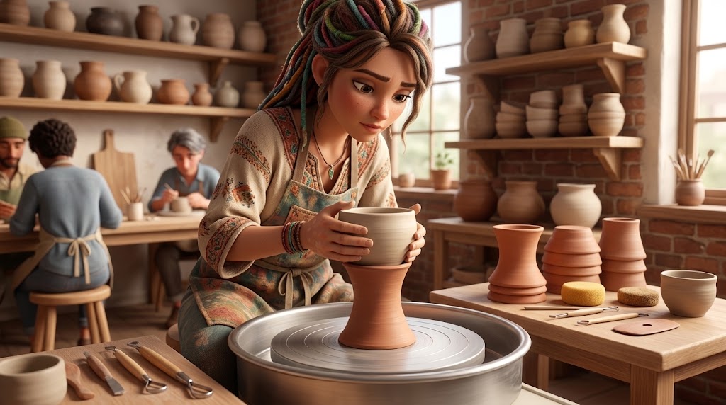 A leather hard pot resting neck down inside a thrown clay chuck on a pottery wheel, ready to be trimmed