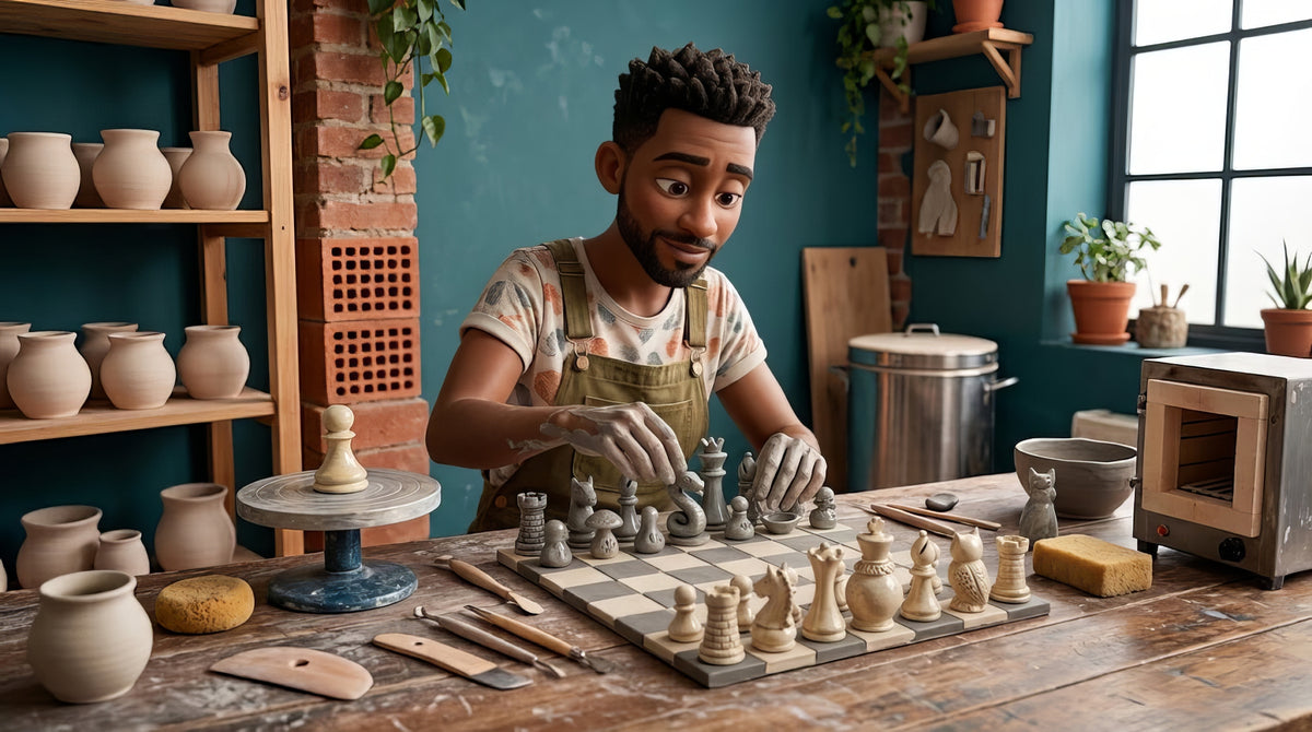 A handmade stoneware chess set on a tiled ceramic board, thirty-two thrown pieces in two glaze colours lined up beside a marked wooden height gauge