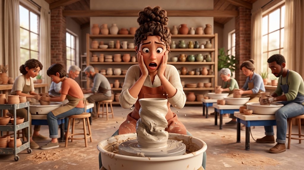 An illustrated potter holding her face in horror while the cylinder on her wheel twists and folds over, in a busy pottery studio