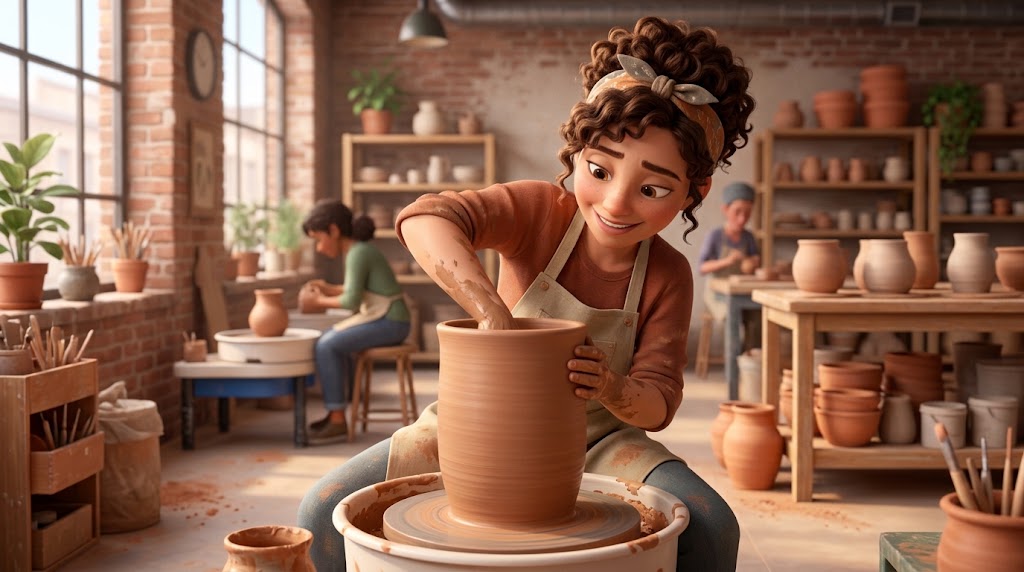 Hands working at a pottery wheel on a wet thrown pot, repairing a base that was opened too thin