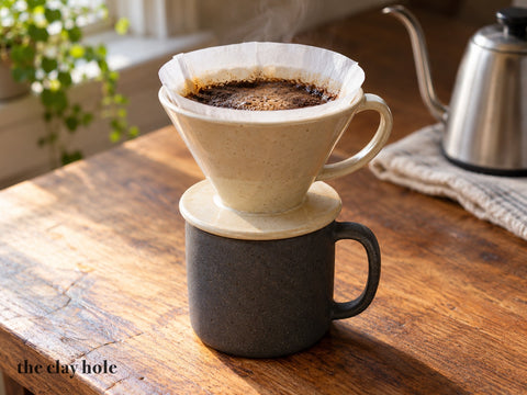 A Pour-Over Coffee Dripper made from The Clay Hole paper template 31: a 60 degree cone dripper for size 02 paper filters, with ribs inside and a plate that sits on the mug