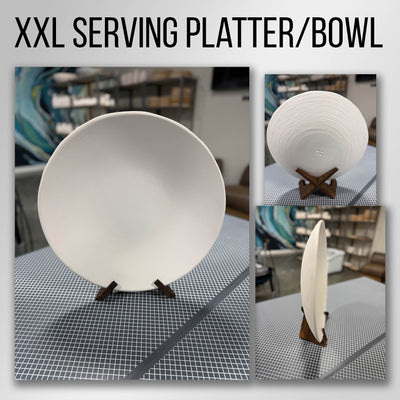 A wide shallow bisque-fired stoneware platter bowl shown front on and from the side