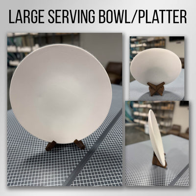 A large shallow bisque-fired stoneware bowl and platter shown front on and from the side