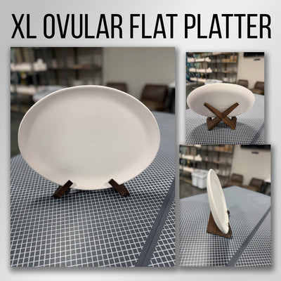 An oval flat bisque-fired stoneware platter shown front on and from the side