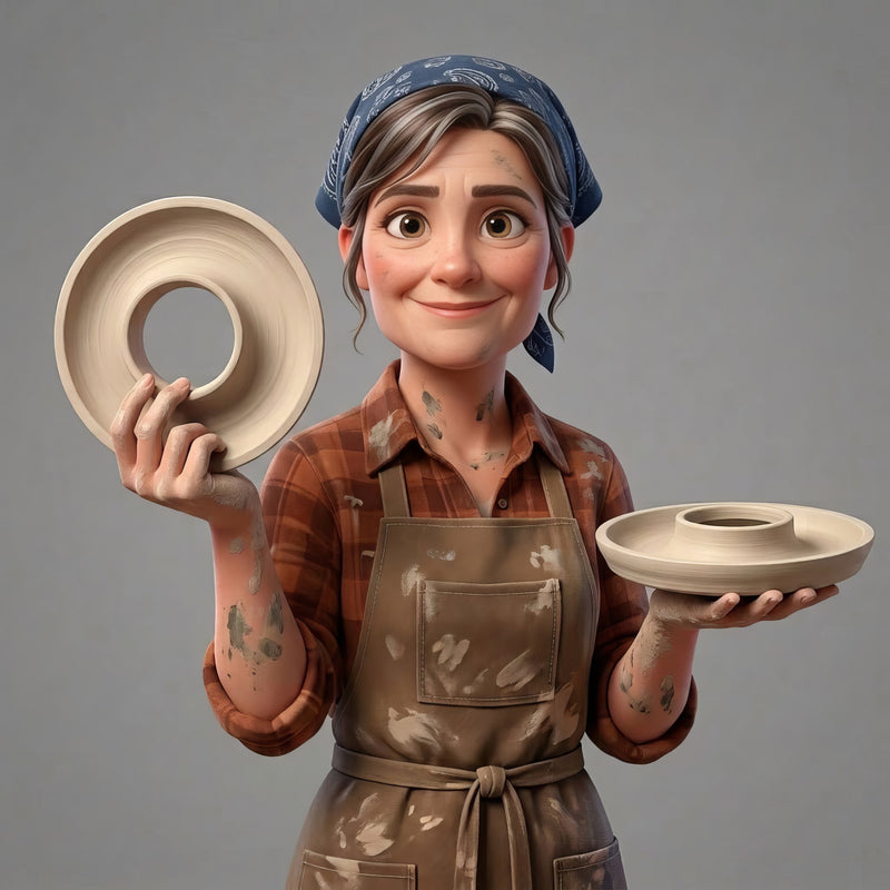 Pre-made glaze catchers at The Clay Hole, fired ceramic dishes with a raised center pedestal for catching runny glaze