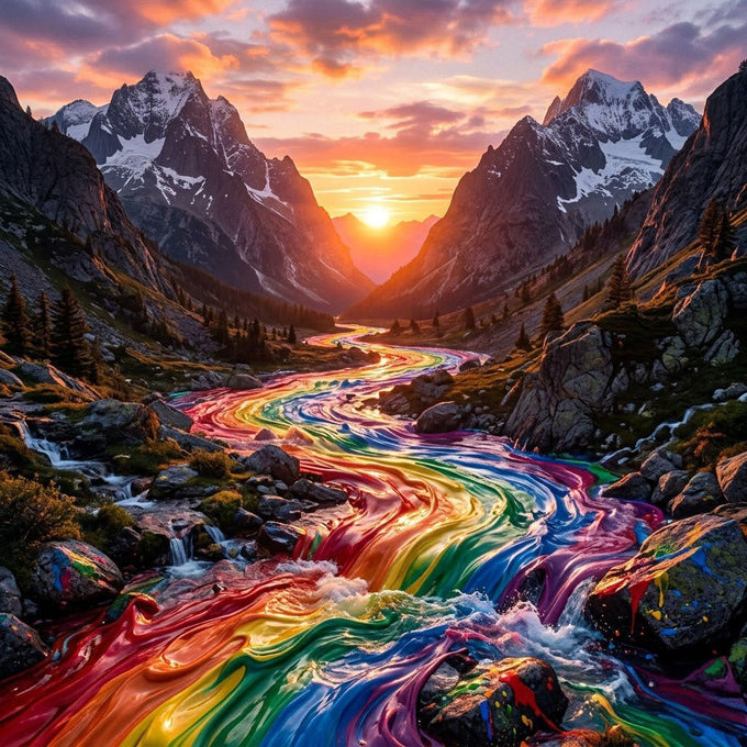 An illustrated mountain valley with a river of rainbow-colored glaze running through it
