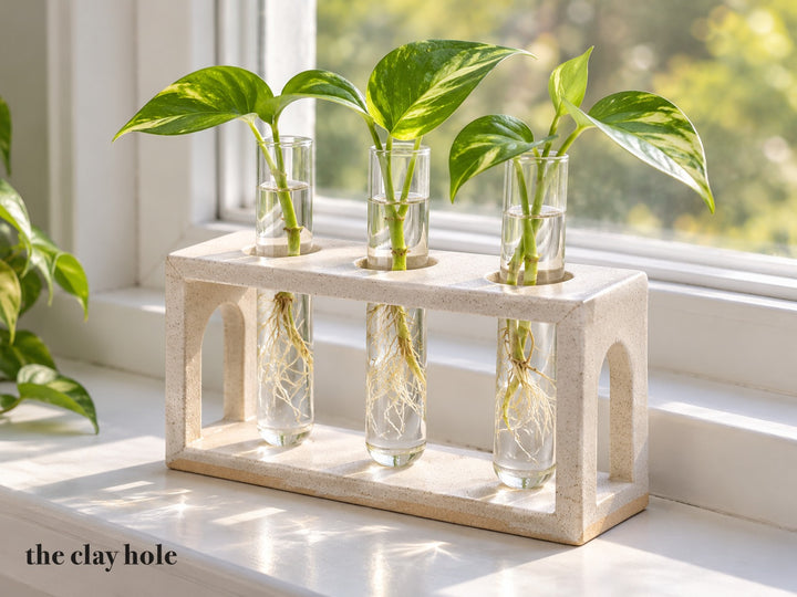 A Propagation Station made from The Clay Hole paper template 29: a little bench that holds three glass test tubes of plant cuttings