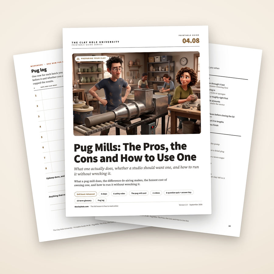 Pug Mills printable pottery guide: the cover, with the pug log and the pug mill card fanned behind it
