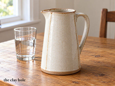A tall tapered slab-built stoneware pitcher in glossy white glaze with a pinched spout and a strap handle, beside a glass of water, made from The Clay Hole paper template