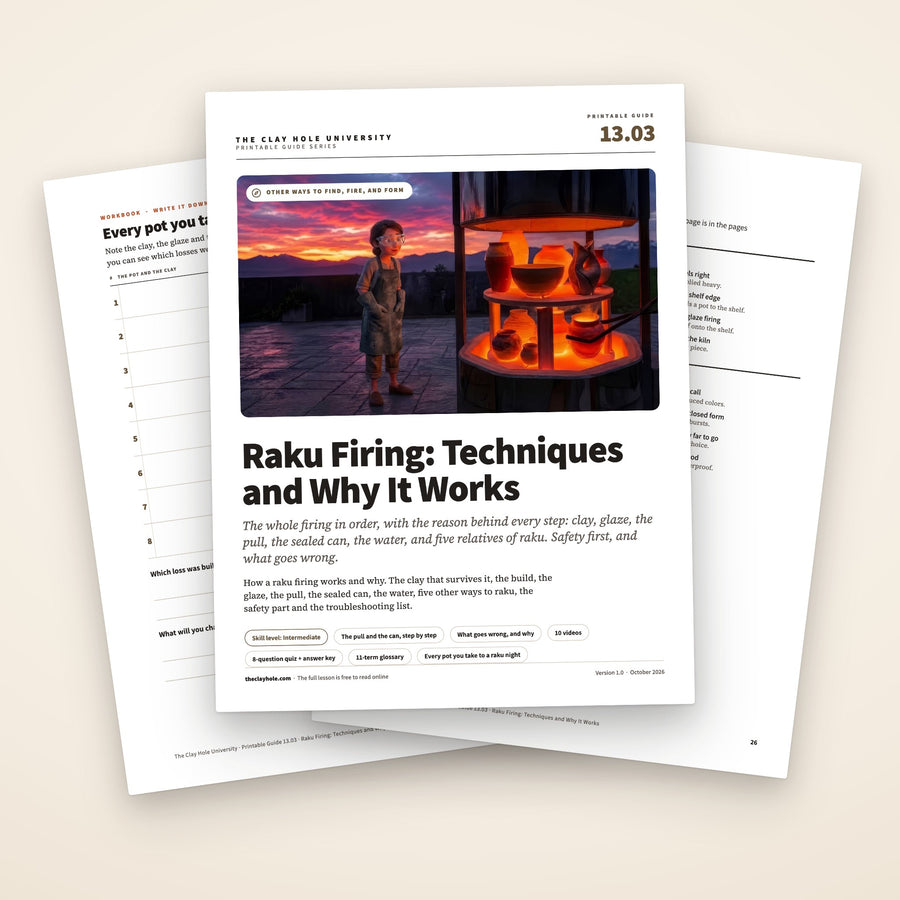 Raku Firing: Techniques and Why It Works printable guide: the cover, with the pot log and the one page reference for the night fanned behind it