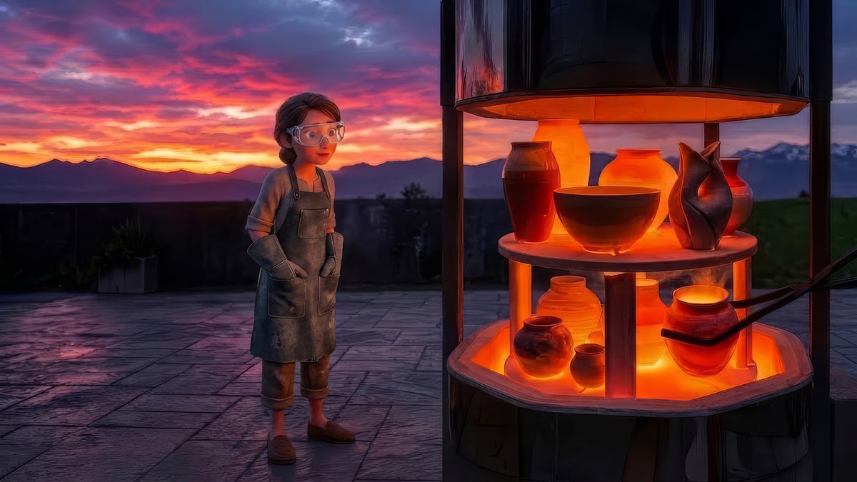 An illustration of a potter in safety glasses standing beside a raku kiln glowing orange with pots inside, under a purple and red sunset