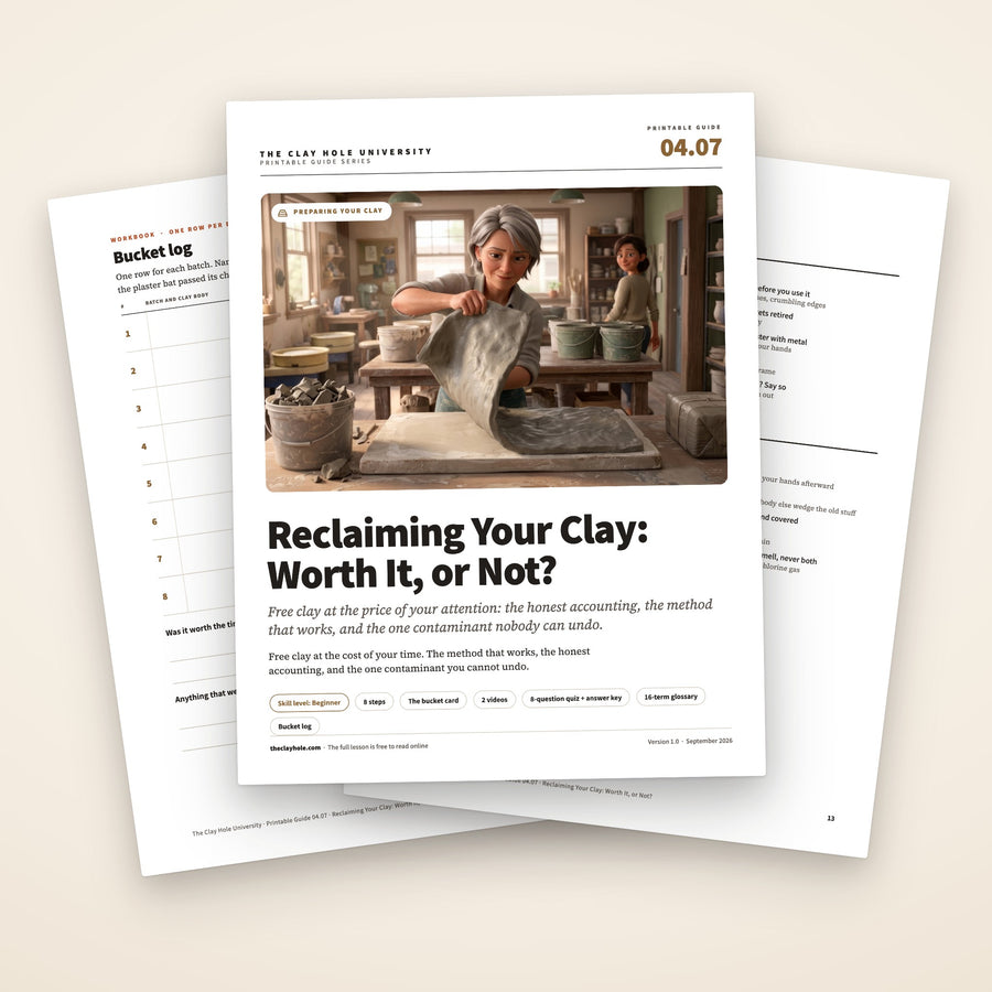 Reclaiming Your Clay Worth It or Not printable pottery guide: the cover, with the bucket log and the bucket card fanned behind it
